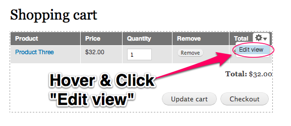Click edit to configure the shopping cart View