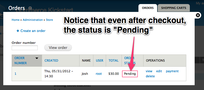 Notice that even after checkout, the status is pending.