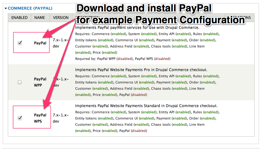 Enable PayPal for example Off-Site Payment configuration.