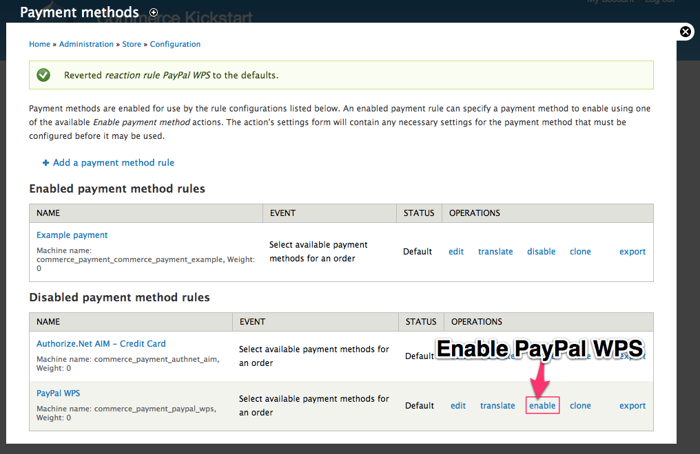 Enable the Off-Site Payment Method example PayPal