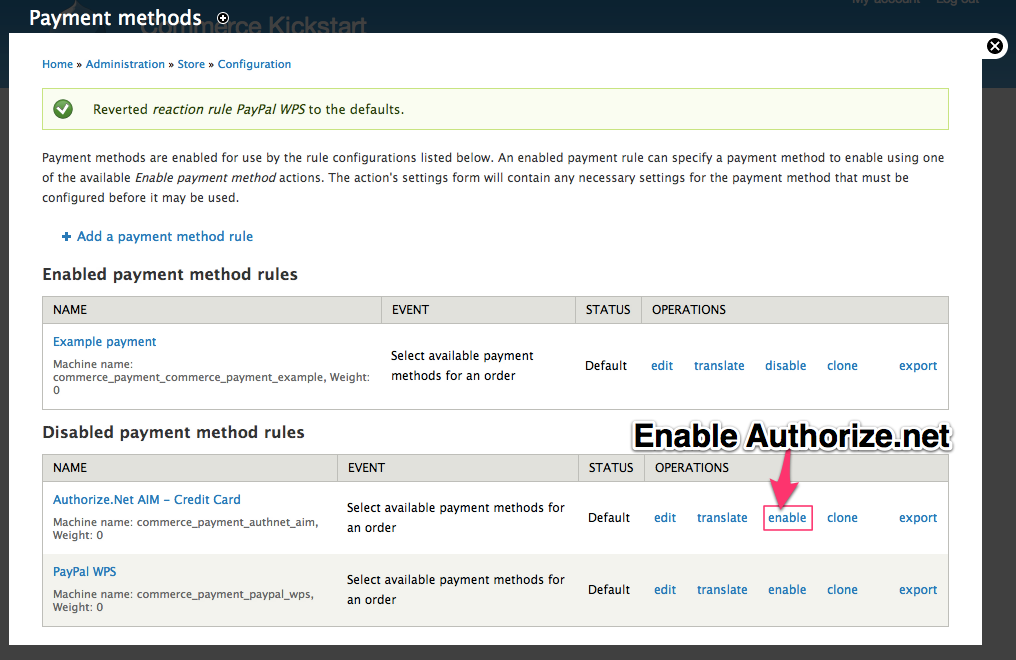 Enable the On-Site Payment Method example Authorize.net