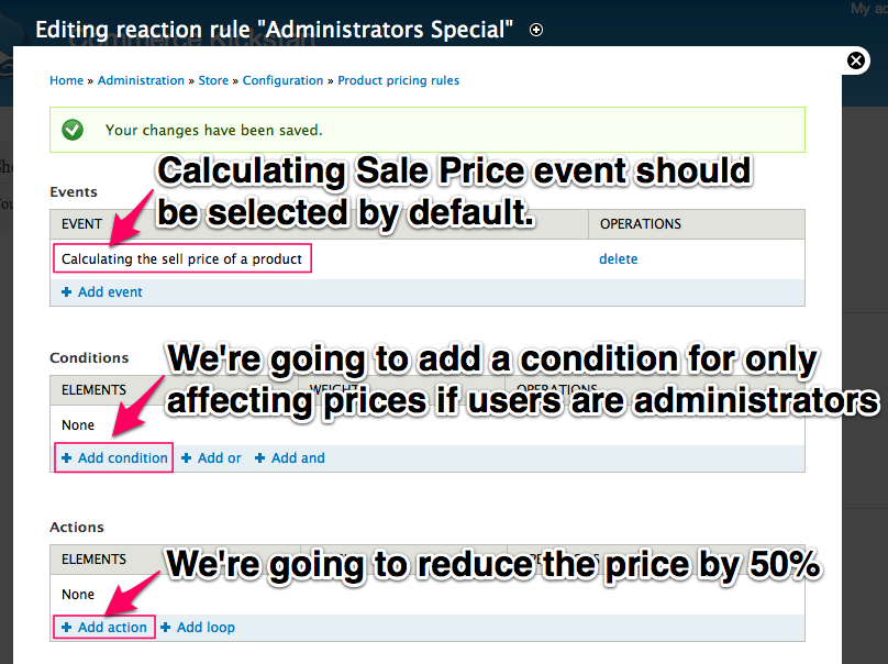 Calculating sale price event should be selected by default. We're going to add a condition for only affecting prices if users are administrators. We're going to reduce the price the by 50%.