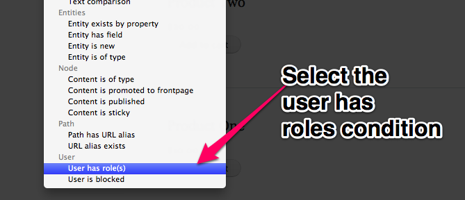 Select the user has roles condition