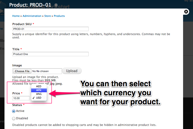 You can then select which currency you want for your product