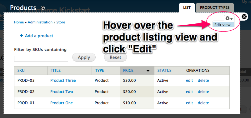 Hover over the product listing view and click Edit