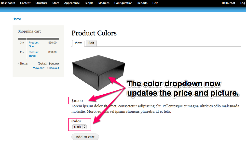 The color drop down now updates the price and picture.
