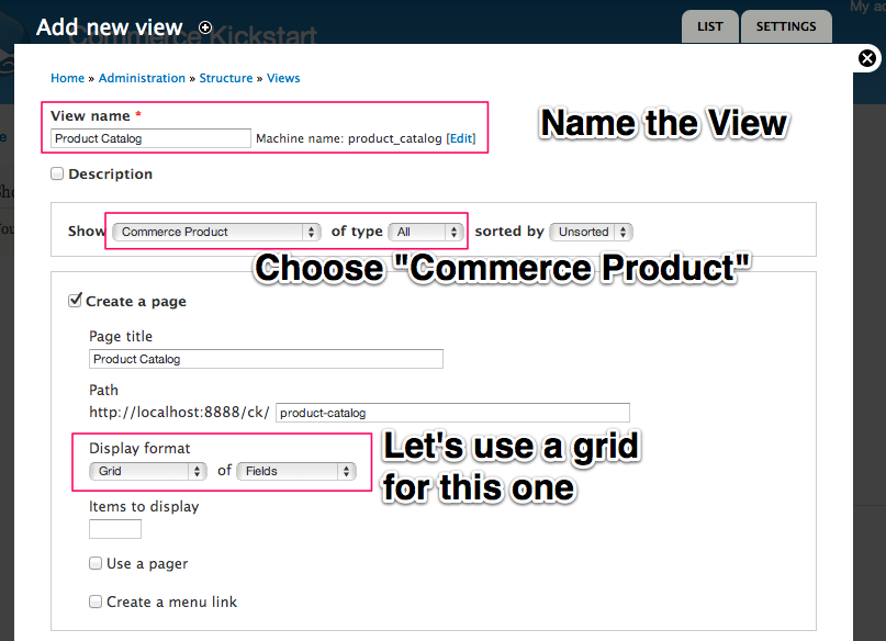 Name the view, Choose eCommerce Product, and use a grid display.