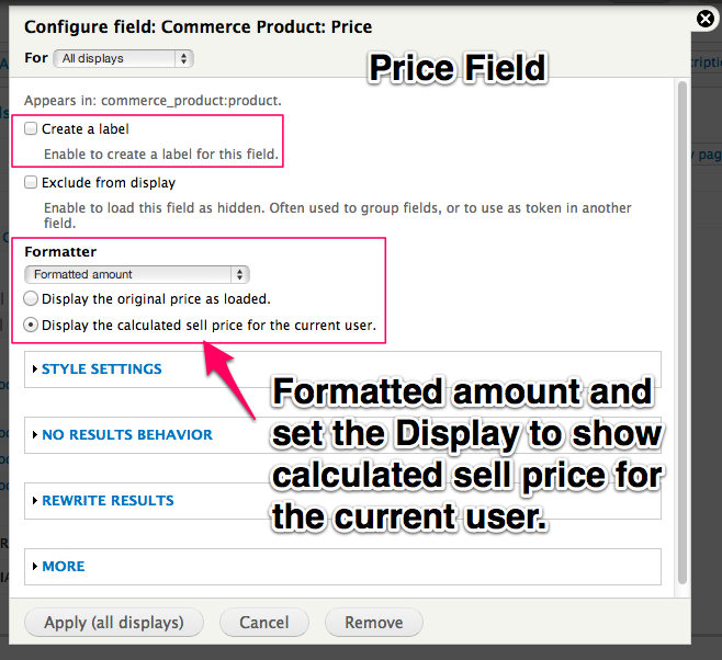 Leave off the label, set the formatted amount and display to show calculated sell price.