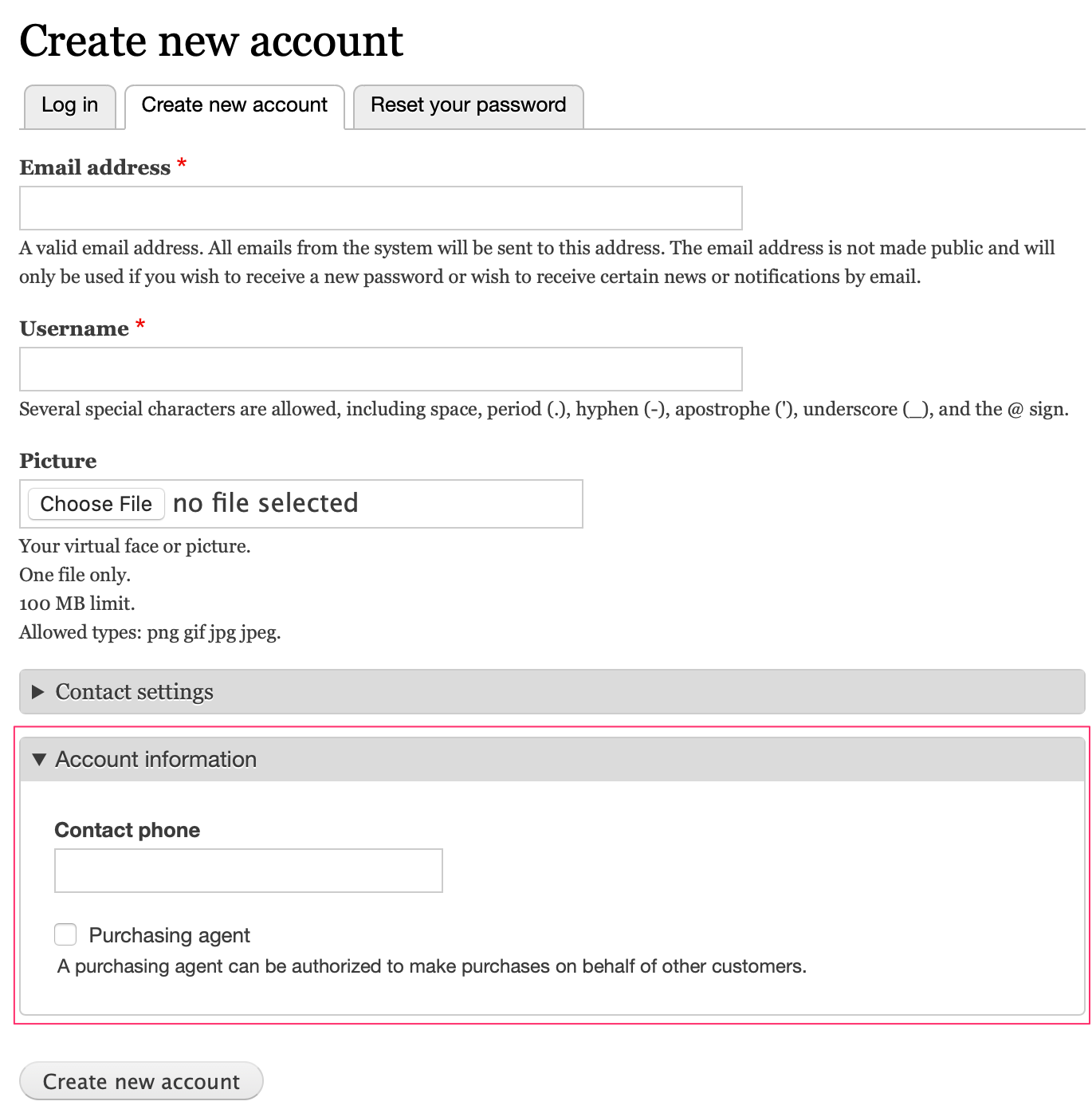 User registration form with included profile