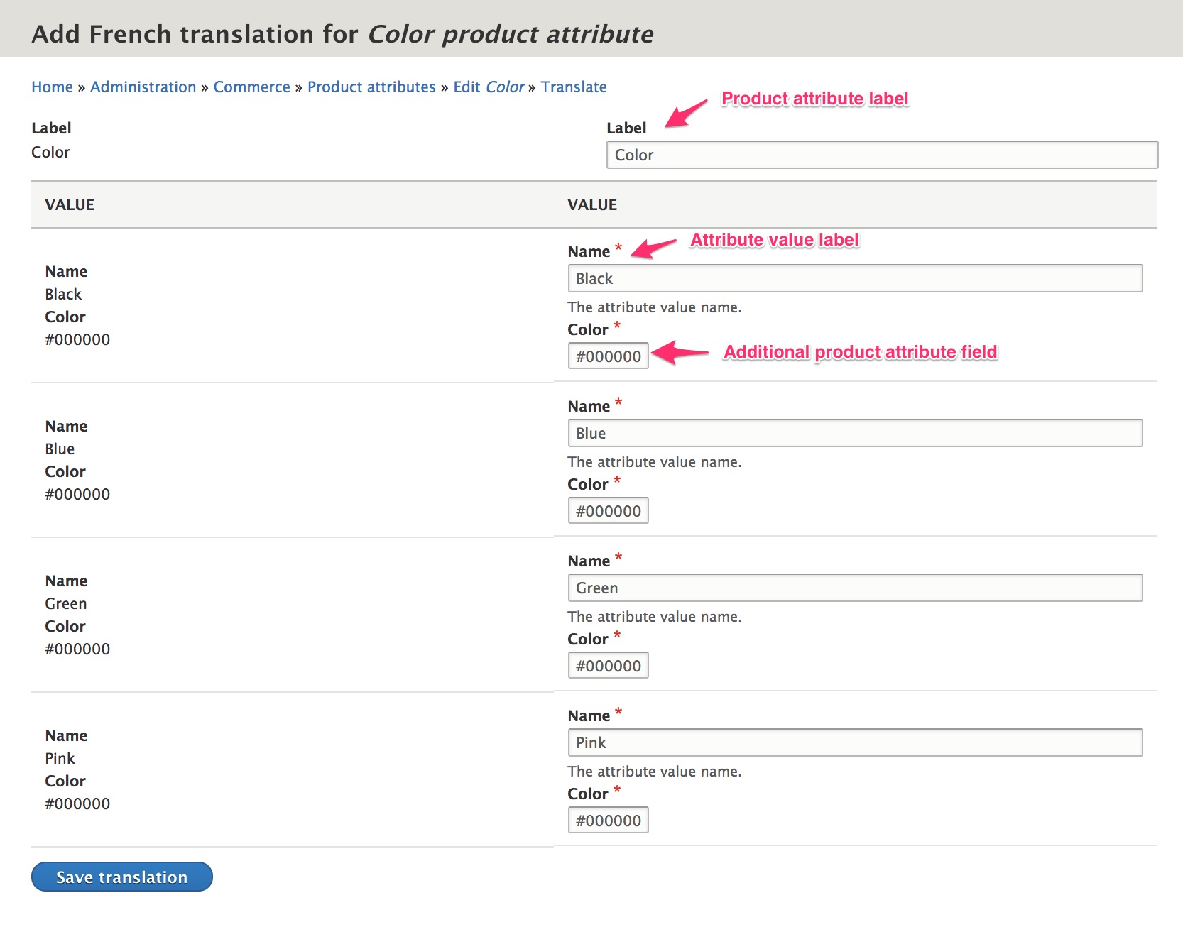 Add product attribute translations