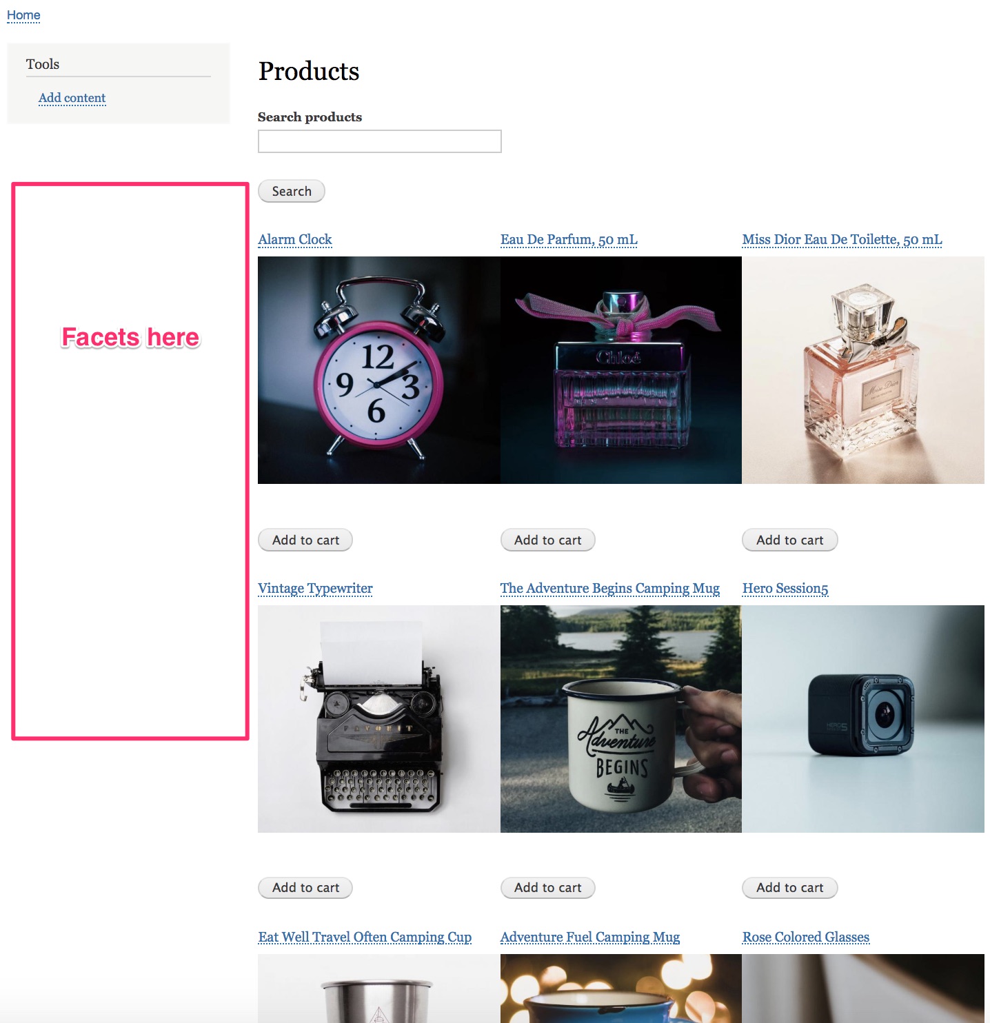Product catalog without facets