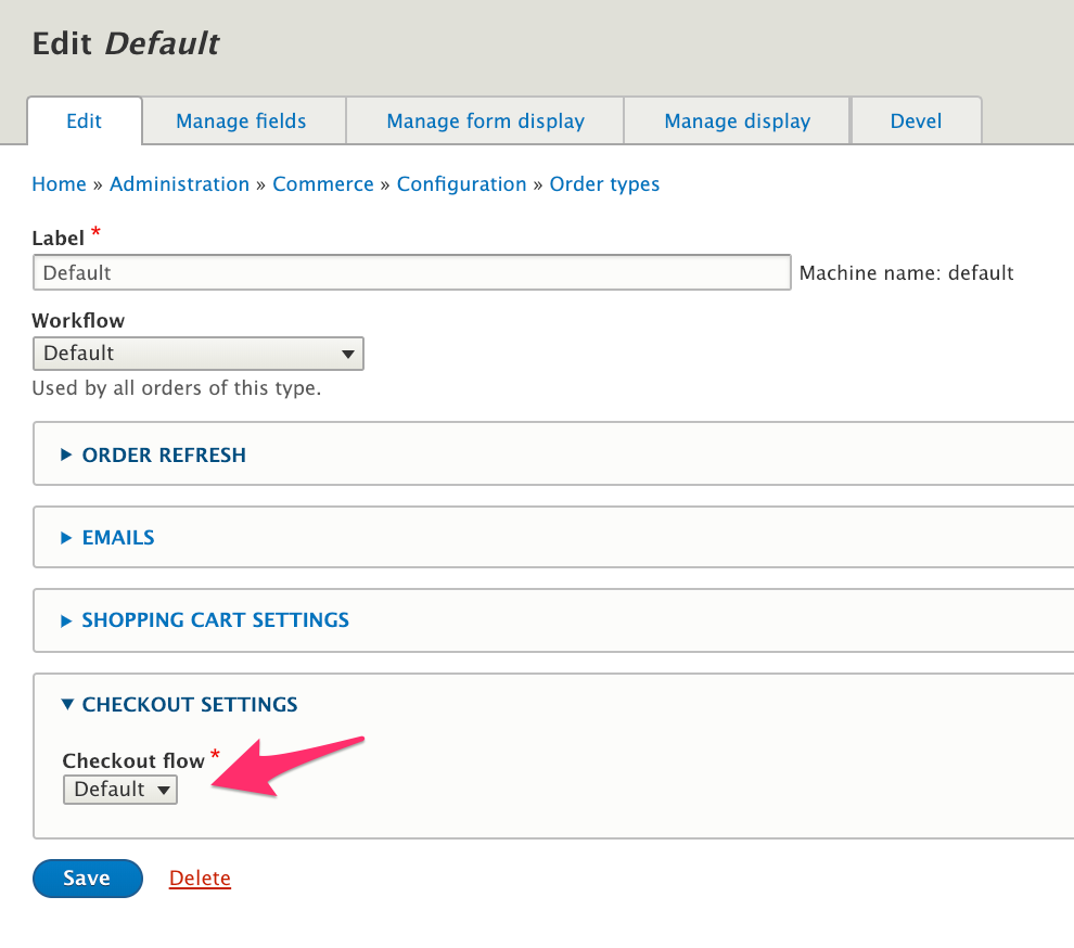 Order type checkout flow configuration
