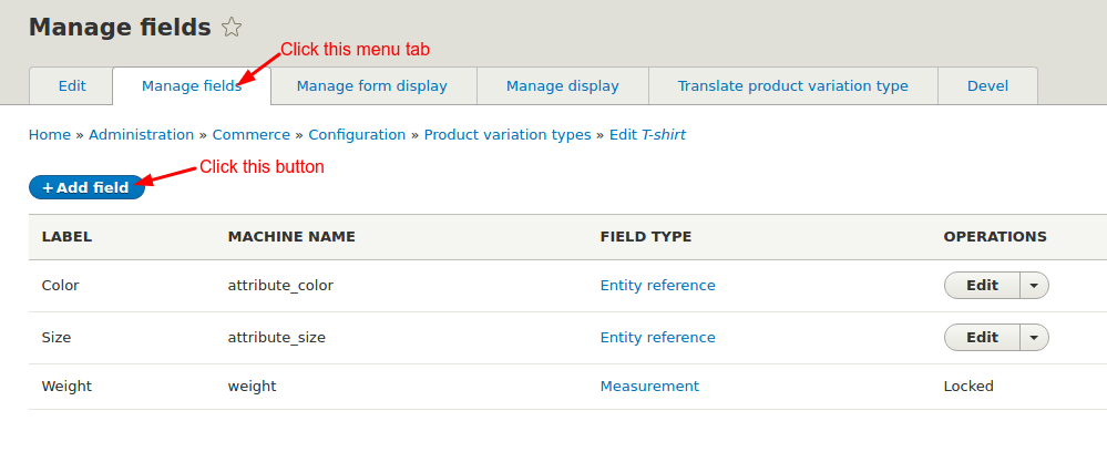 Click Add field under Manage fields tab